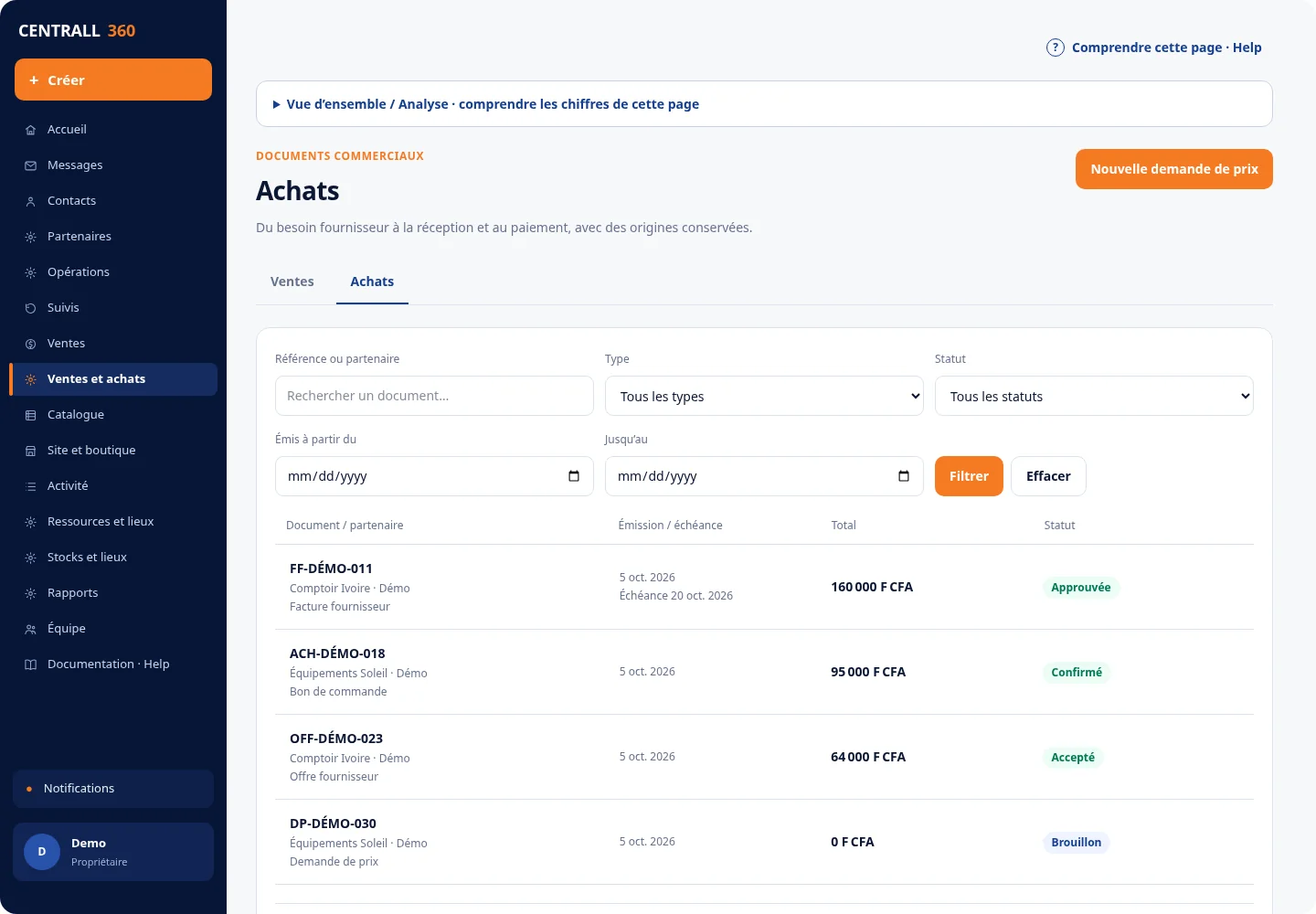 Liste actuelle des achats, avec facture fournisseur, commande et offre fictives. Sur mobile : Documents fournisseurs fictifs dans la vue mobile des achats.
