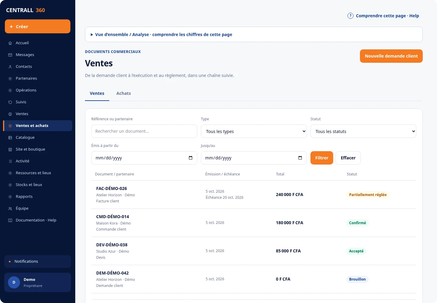 Liste actuelle des documents de vente, avec facture, commande et devis fictifs. Sur mobile : Documents de vente fictifs et leurs statuts sur téléphone.
