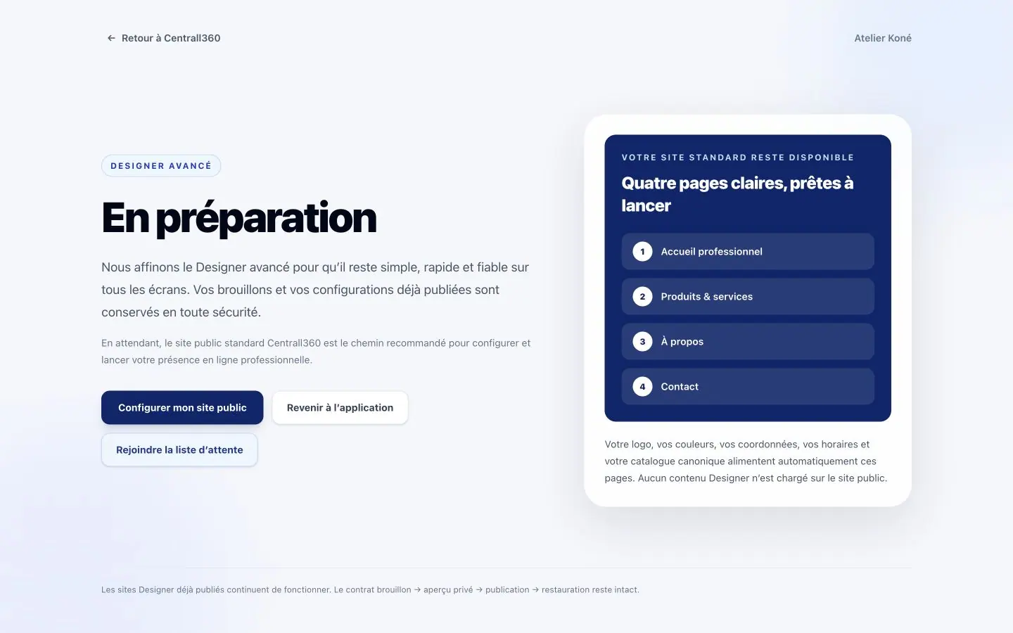 Page authentifiée Designer avancé en préparation. Sur mobile : Page Designer avancé en préparation sur mobile.