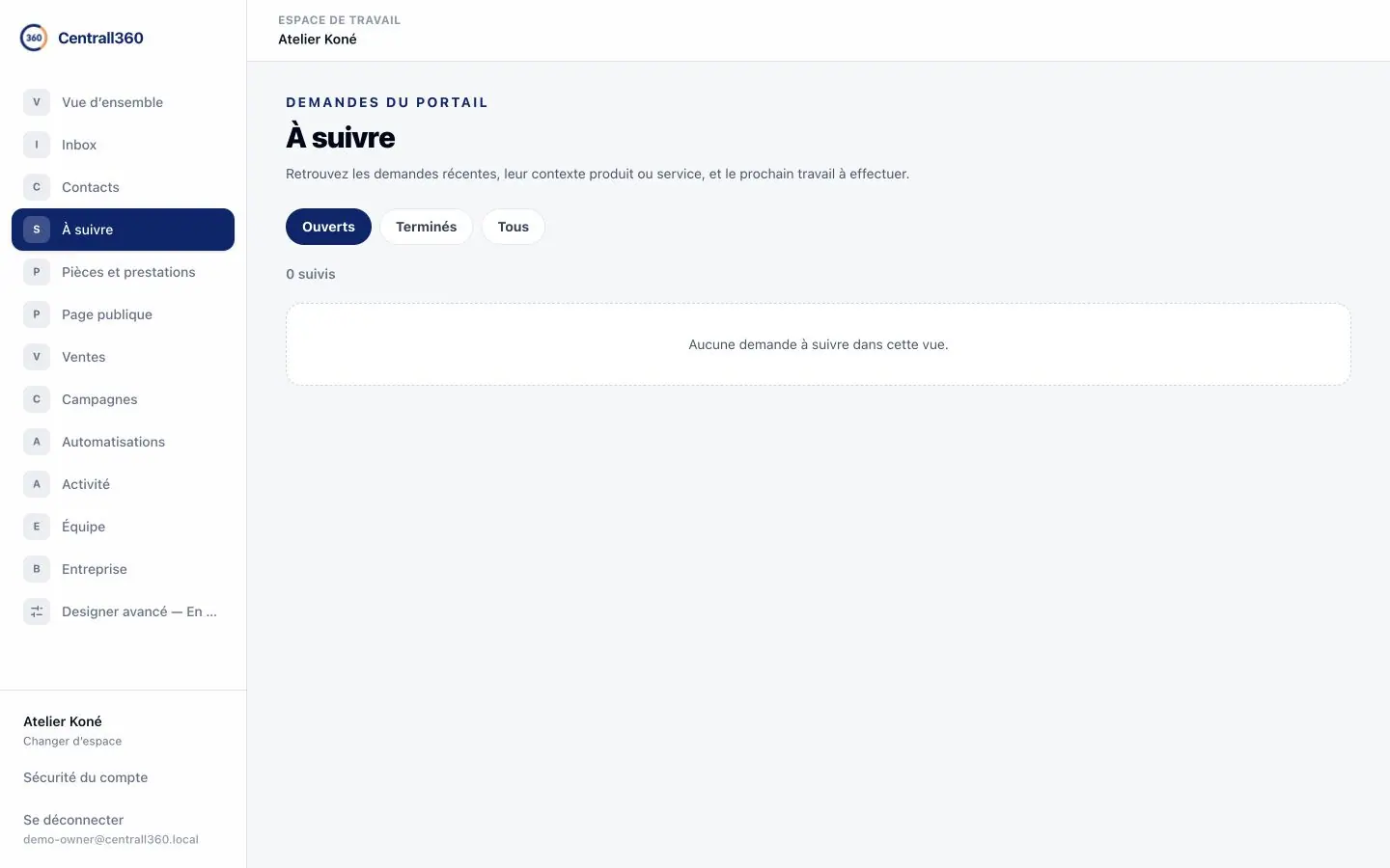 Liste À suivre Centrall360 sur ordinateur avec données de démonstration. Sur mobile : Liste À suivre Centrall360 sur mobile avec données de démonstration.