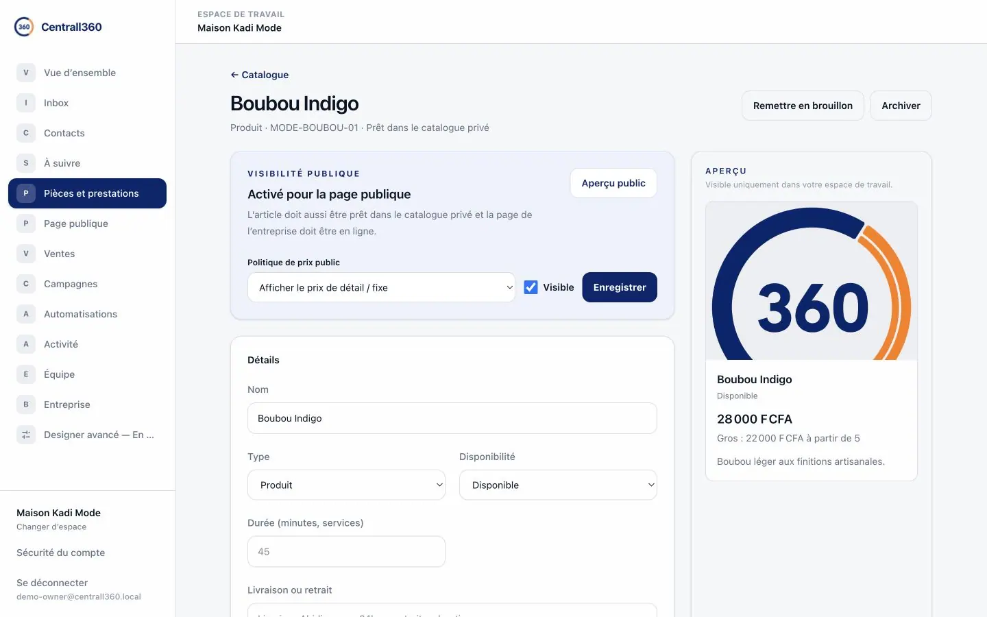 Détail d’un produit et de son inventaire dans Centrall360 sur ordinateur. Sur mobile : Détail d’un produit et de son inventaire dans Centrall360 sur mobile.