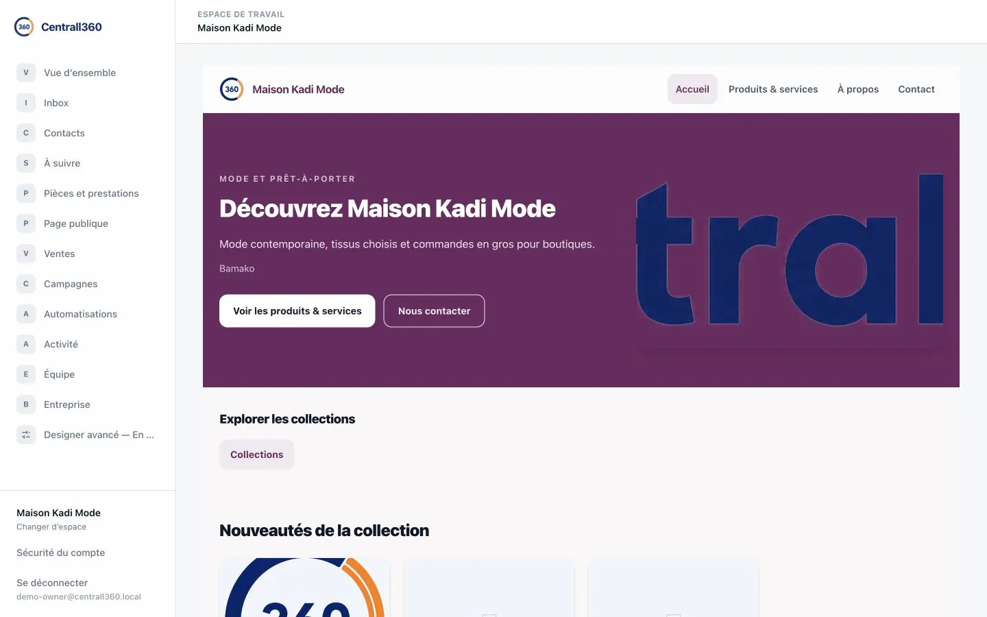 Site public standard Centrall360 de démonstration sur ordinateur. Sur mobile : Site public standard Centrall360 de démonstration sur mobile.