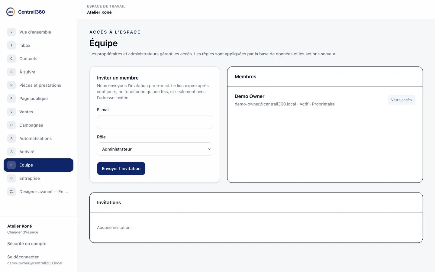 Gestion des rôles Centrall360 sur ordinateur avec comptes de démonstration. Sur mobile : Gestion des rôles Centrall360 sur mobile avec comptes de démonstration.
